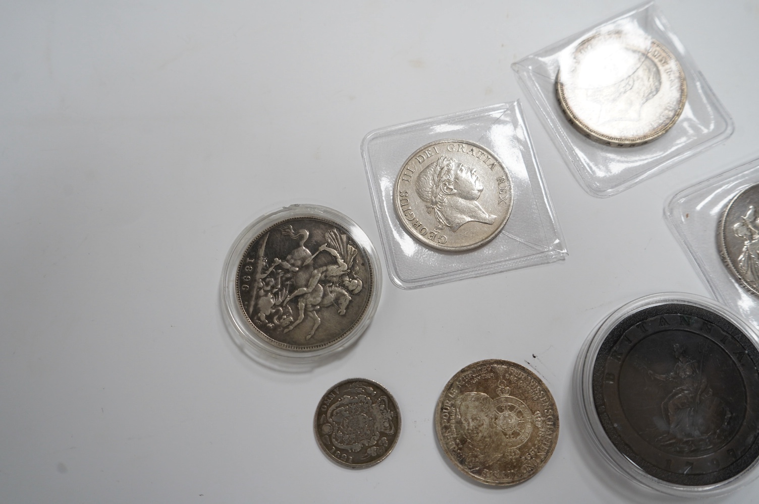 British silver coins, 1822 crown, 1896 crown, 1935 crown, 1797 2d etc. 1811 bank token together with a George III cartwheel twopence, Soho mint, fine or better